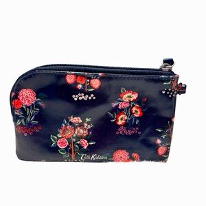 Cath Kidston Clutch Midnight Blue Glossy Coated Cotton Pink Green Floral Zipped